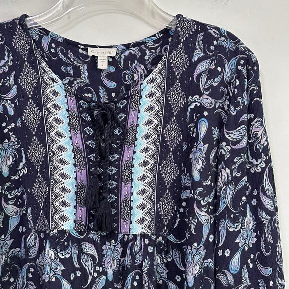 Garnet Hill Boho Border Print Blouse 6 Blue Paisley Floral Peasant Crinkle Shirt - Picture 3 of 9